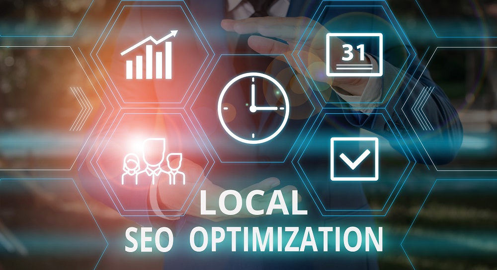 Word writing text Local Seo Optimization. Business concept for increase Search Visibility to Rank on Top list Male human wear formal work suit presenting presentation using smart device.